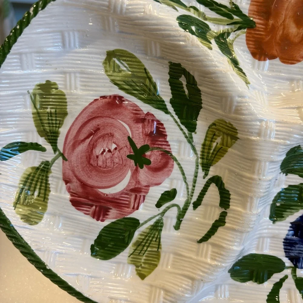 Hand-Painted Italy Floral Ceramic Divided Basket Weave Pattern Platter